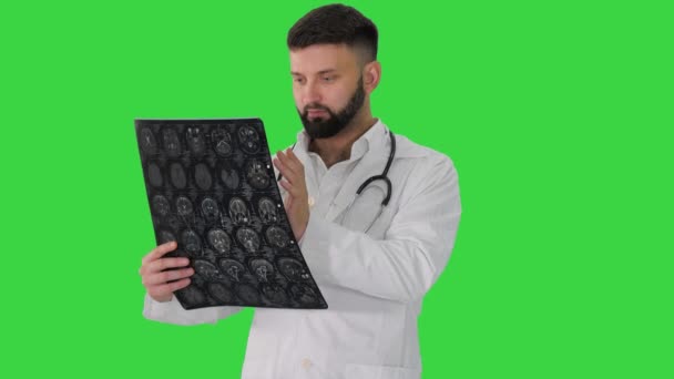 Vertrauenswürdiger Arzt, der mit MRT-Ergebnissen auf grünem Bildschirm arbeitet, Chroma Key. — Stockvideo