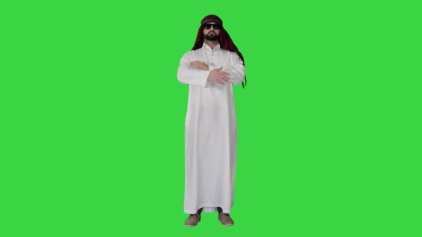 Cool sheikh σε γυαλιά ηλίου που ποζάρουν σε μια πράσινη οθόνη, Chroma Key. — Αρχείο Βίντεο