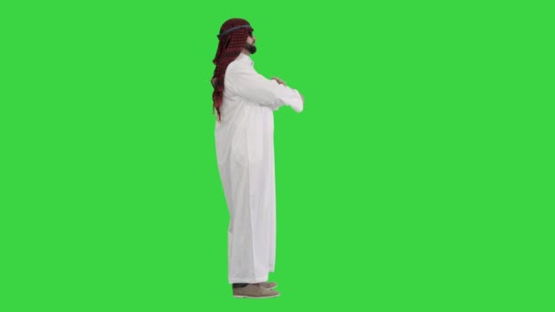 Cooler Scheich mit Sonnenbrille posiert auf einem Green Screen, Chroma Key. — Stockvideo