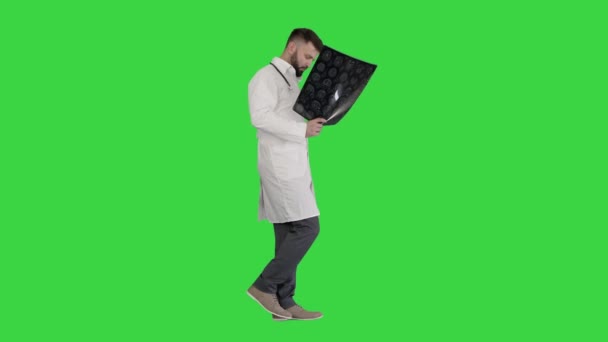 Доктор с Ближнего Востока ходит и смотрит на компьютерную томографию на зеленом экране, хрома ключ. — стоковое видео