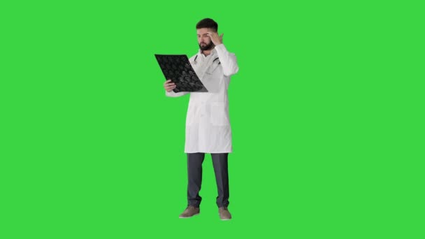 Arabischer Arzt beim Lesen und Überprüfen eines MRT-Gehirnscans auf einem Green Screen, Chroma Key. — Stockvideo