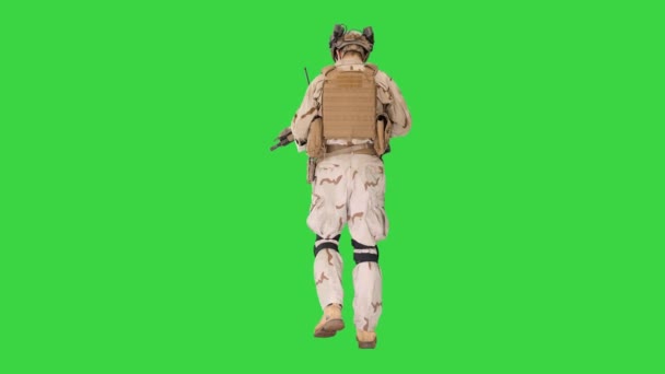 US Army ranger w mundurze bojowym chodzenie na zielonym ekranie, Chroma Key. — Wideo stockowe