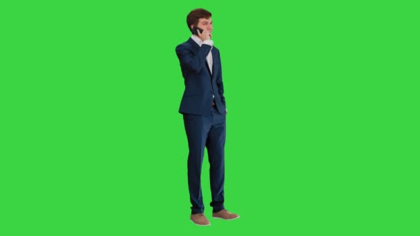 Schöner junger Geschäftsmann telefoniert auf einem Green Screen, Chroma Key. — Stockvideo