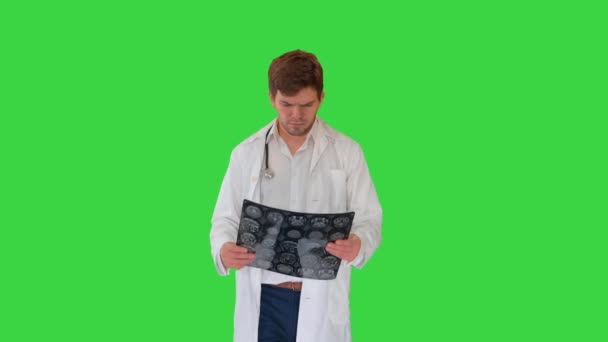 Koncentrált férfi orvos vizsgálja komputertomográfia séta közben a zöld képernyőn, Chroma Key. — Stock videók