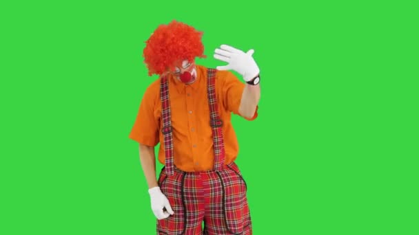Clown spielt imaginäres Klavier mit Emotionen auf einem Green Screen, Chroma Key. — Stockvideo