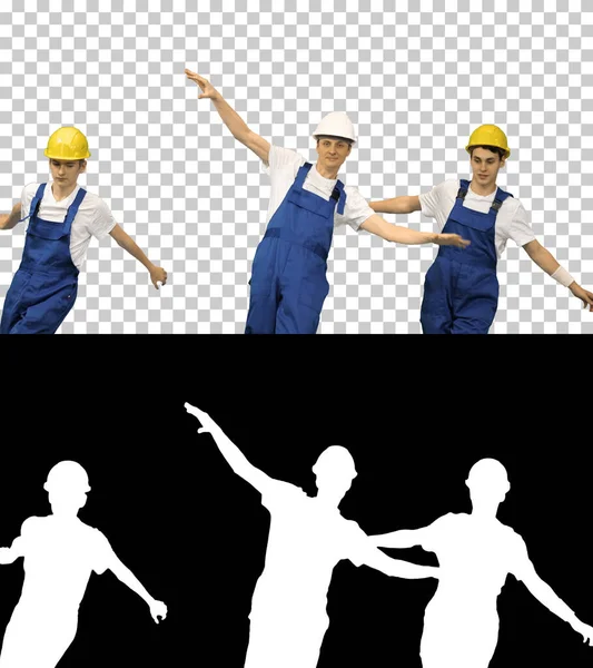 Three dancing construction workers in hard hats, Alpha Channel — Stock Photo, Image