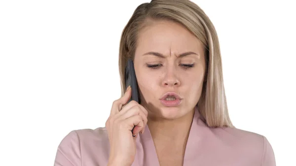 Mosolygó nő beszél telefonon fehér háttér. — Stock Fotó
