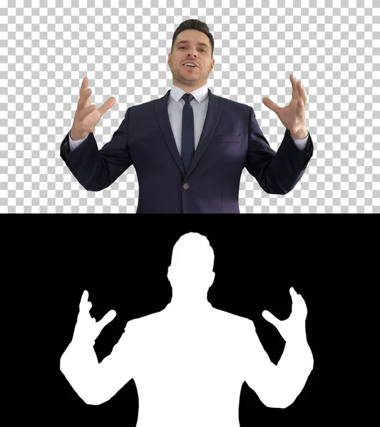 Man in formal clothes speaking to camera doing hand gestures in a very expressive and positive way, Alpha Channel