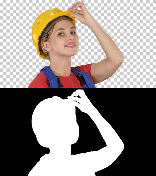 Female construction worker greeting, Alpha Channel — Stock Photo, Image