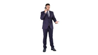 Business, technology and people concept - smiling businessman with smartphone talking on white background. clipart