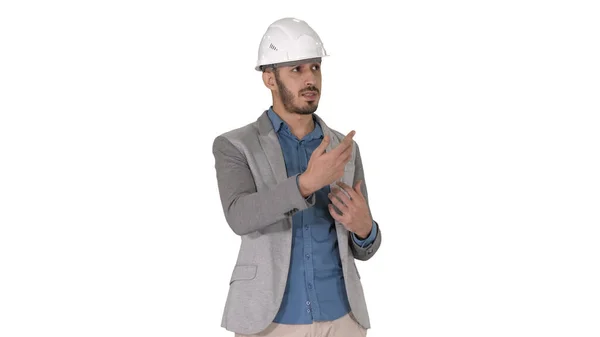 Architekt spricht mit Kamera auf weißem Hintergrund. — Stockfoto