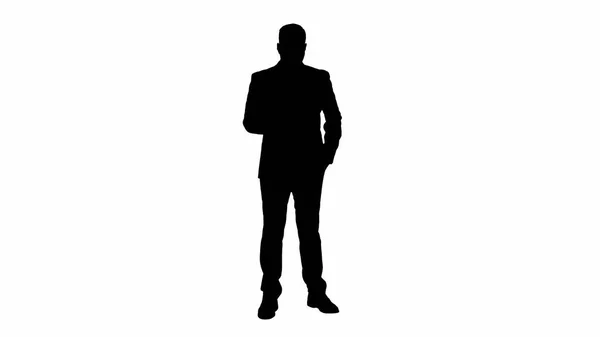 Silhouette Serious preocupado hombre de negocios tratando de llamar a alguien y no puede pasar. Llamada fallida. — Foto de Stock