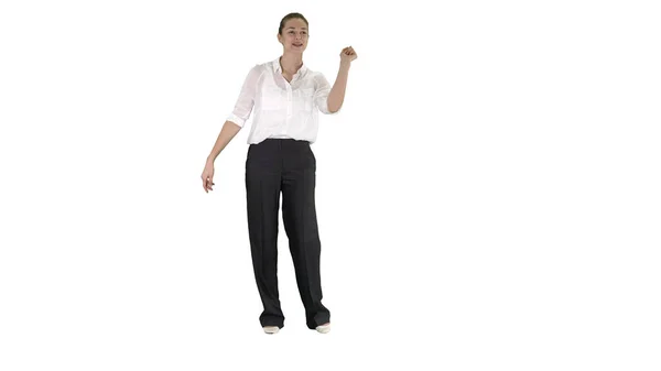 Mujer de negocios riendo y diciendo algo sobre fondo blanco. —  Fotos de Stock