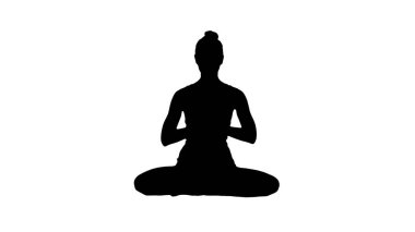 Siluet şirin fitness kadını. Yoga yapıyor. Lotus pozu verip gülümsüyor..
