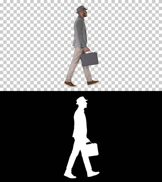 Man in casual walking with briefcase, Alpha Channel — Stock Photo, Image