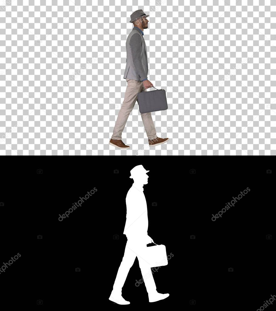 Man in casual walking with briefcase, Alpha Channel