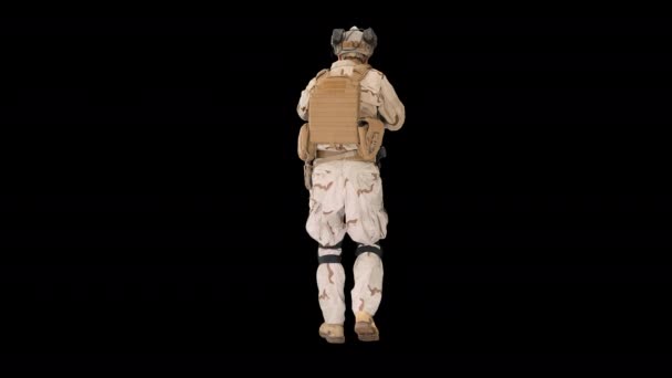 Hombre armado en camuflaje con rifle de asalto buscando un objetivo, Alpha Channel — Vídeo de stock
