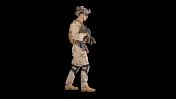 Beväpnad soldat med gevär gående, Alpha Channel — Stockvideo