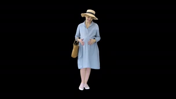 Piękna ciężarna kobieta w wielkim kapeluszu chodząca i dotykająca swojego brzucha, Alpha Channel — Wideo stockowe