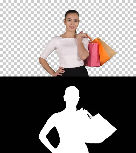 Lets go shopping Frau geht mit Einkaufstaschen, Alpha Channel — Stockfoto