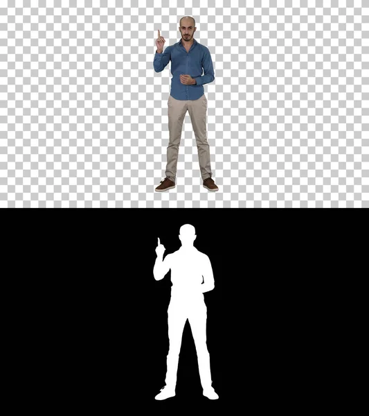 Hombre árabe en casual haciendo gesto de atención con el dedo hacia arriba, Alpha Channel — Foto de Stock