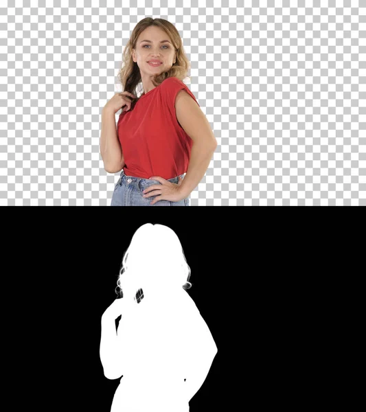 Sexig tjej tittar på sig själv och byter poser, Alpha Channel — Stockfoto