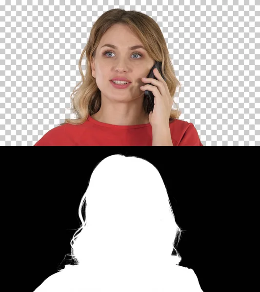 Gelukkig mooi meisje bellen per telefoon, Alpha Channel — Stockfoto