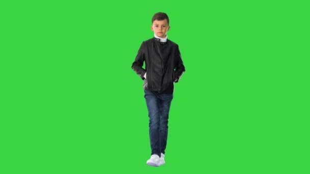Jeune garçon dans une veste en cuir marchant les mains dans les poches sur un écran vert, Chroma Key. — Video