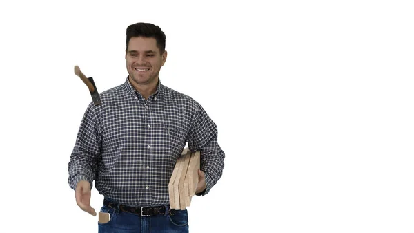 Ingeniero constructor está sonriendo y listo para la construcción sobre fondo blanco. —  Fotos de Stock