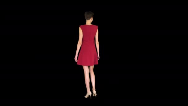 Fille essayer robe rouge se retournant comme regarder dans le miroir, Alpha Channel — Video