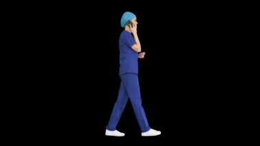 Alpha Channel 'da yürürken telefonla konuşan ciddi bir kadın doktor.