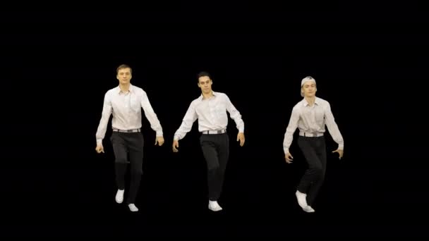 Tre killar i vita tröjor dansar i synkronisering tittar på kameran, Alpha Channel — Stockvideo