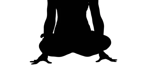 Silhouette Sporty atractiva mujer practicando yoga, de pie en el ejercicio Escala, pose Tolasana. —  Fotos de Stock