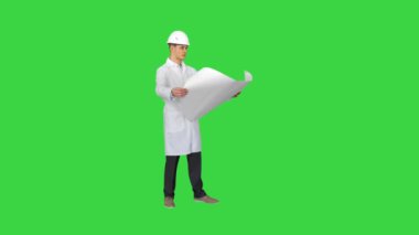Yakışıklı mühendis, mimar, müteahhit, iş adamı, elinde projeyle beyaz bir kask takıyor, objeye bakıyor ve yeşil ekranda dans ediyor, Chroma Key.