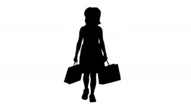 Siluet Asyalı alışveriş okulu kızı yürüyor ve gülümsüyor..