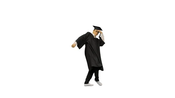 Hombre graduado en bata y mortero haciendo danza moderna buscando — Foto de Stock