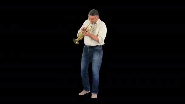 Старший музикант грає на трубі Альфа Канал. — стокове відео