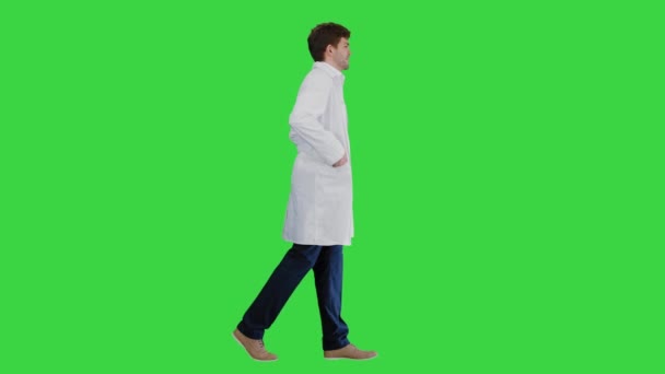 男性医師でホワイトコート歩行で手でポケットにまっすぐ前に見て緑の画面,クロマキー. — ストック動画