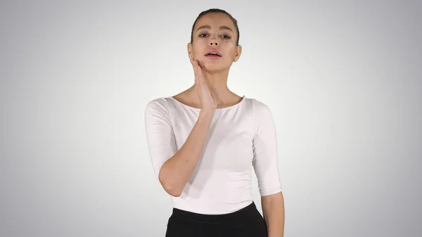 Girl in skirt preening and checking her appearance like she look — Stock Photo, Image