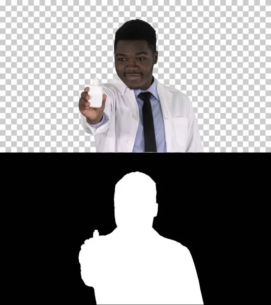 Afro american doctor presenting nasal spray, Alpha Channel — Stock Photo, Image