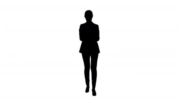 Silhouet Gelukkig zakenvrouw tellen van geld tijdens het lopen. — Stockvideo