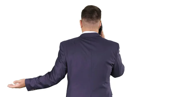 Empresario con smartphone, haciendo una llamada telefónica en blanco backgr — Foto de Stock