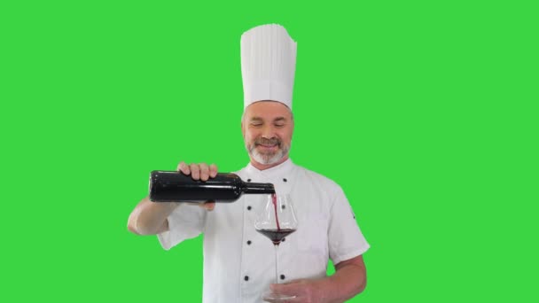 Chef mencicipi anggur merah dan menikmatinya di Green Screen, Chroma Key. — Stok Video