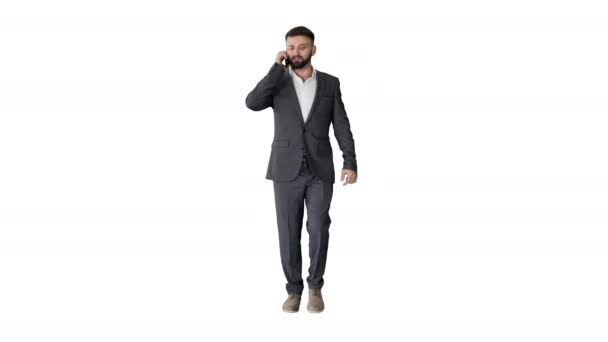 Üzletember séta és hívást fehér háttér. — Stock videók