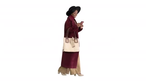 Attraktiv kvinna fashionabla vinter outfit sms: a meddelande med sin telefon när hon går på vit bakgrund. — Stockvideo
