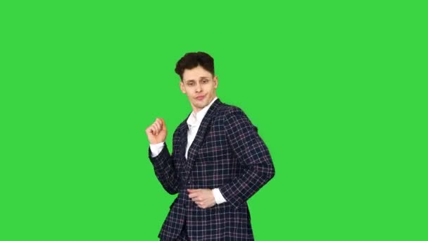 Happy Successful Businessman Dancing in a Crazy Way on a Green Screen, Chroma Key. — стоковое видео