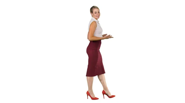 Mujer de negocios fuertemente ir hacia adelante y hablar con la cámara en w —  Fotos de Stock