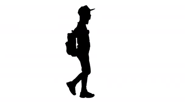 Silhuett asiatisk skolflicka med ryggsäck promenader. — Stockvideo