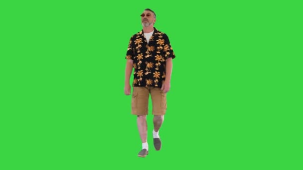 Ull farfar turist promenader och tittar åt sidorna på en grön skärm, Chroma Key. — Stockvideo