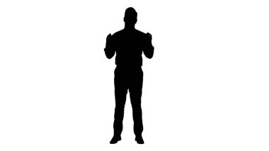 Siluet Genç işadamı çerçevede yürüyor ve kamerayla konuşuyor..